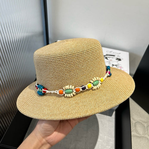 CELINE BEAD DECOR STRAW HAT MODEL 650345 IN NATURAL WOVEN STRAW