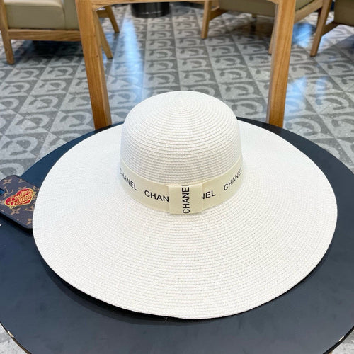 CHANEL WIDE BRIM STRAW HAT WHITE 672707