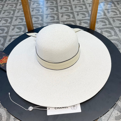CHANEL WIDE BRIM STRAW HAT WITH BOW WHITE 672704