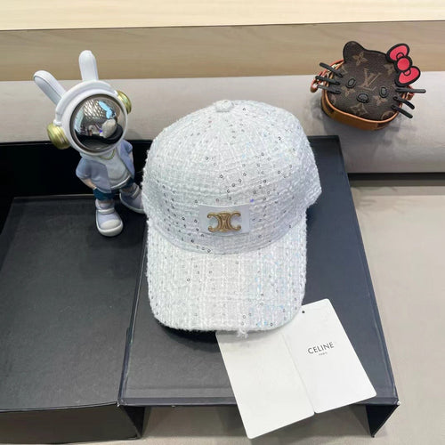 CELINE BASEBALL CAP MODEL 650507 IN WHITE TEXTURED SPARKLE FABRIC