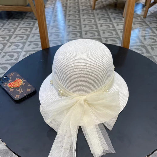 CHANEL STRAW HAT BOW WITH PEARL WHITE 672700
