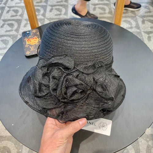 CHANEL STRAW HAT WITH CHIFFON FLOWER BLACK 672760