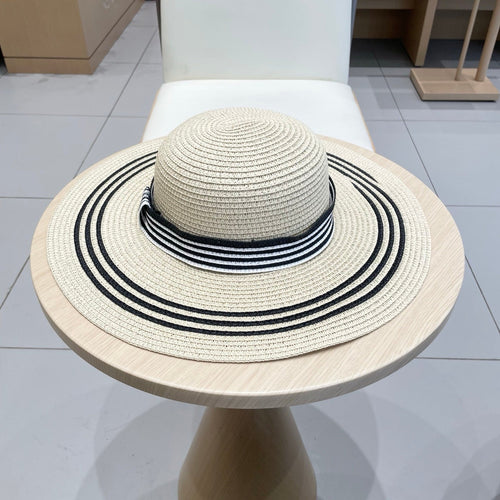 CELINE WIDE BRIM HAT MODEL 650408 IN CREAM WHITE BLACK STRIPES WOVEN STRAW