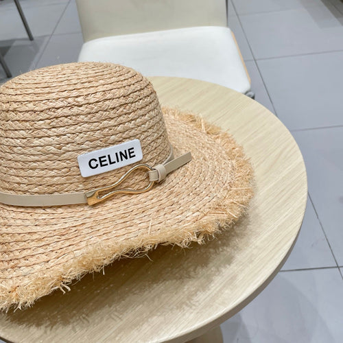CELINE WIDE BRIM HAT MODEL 650421 IN NATURAL WITH BEIGE LEATHER STRAP RAFFIA STRAW