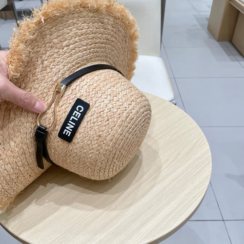 CELINE WIDE BRIM HAT MODEL 650422 IN NATURAL WITH BLACK LEATHER STRAP RAFFIA STRAW
